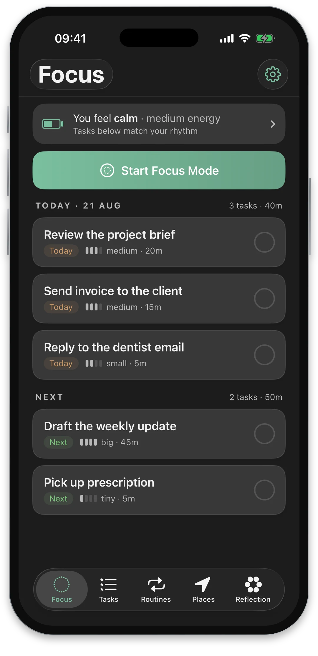Rhevio Focus screen showing your energy and the tasks that match it
