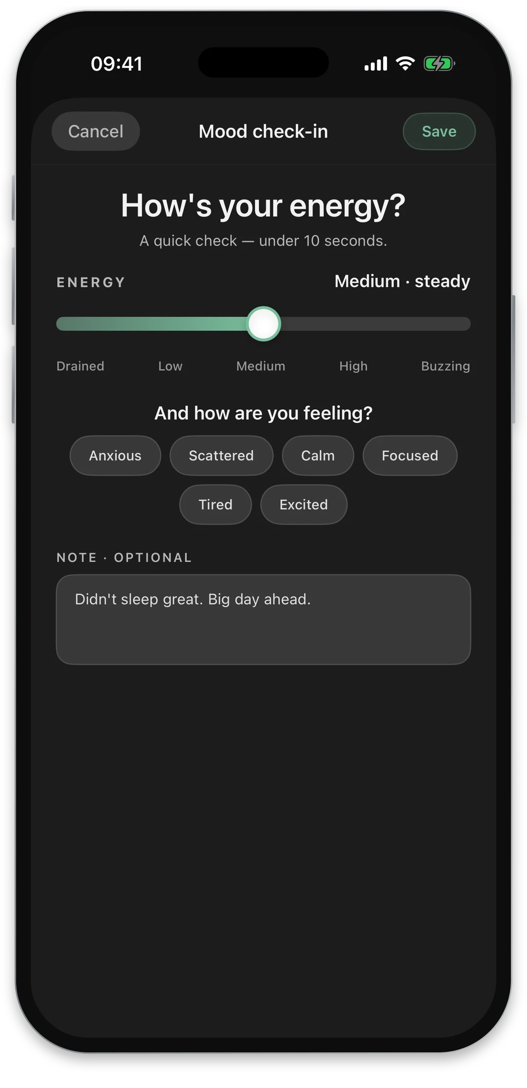 Rhevio mood check-in asking how your energy feels