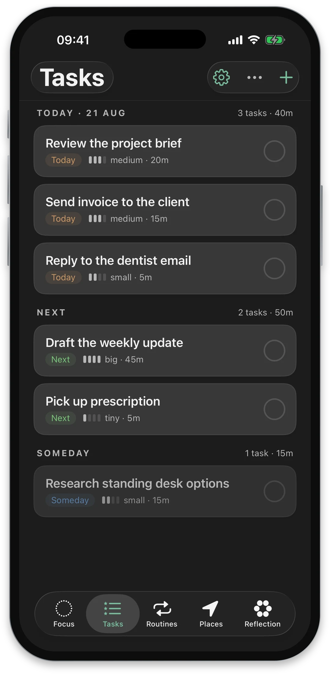 Rhevio task list grouped into Today, Next and Someday