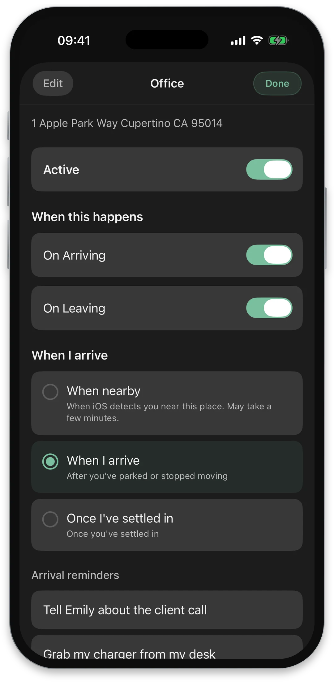 Rhevio place settings with arrival reminders for the office