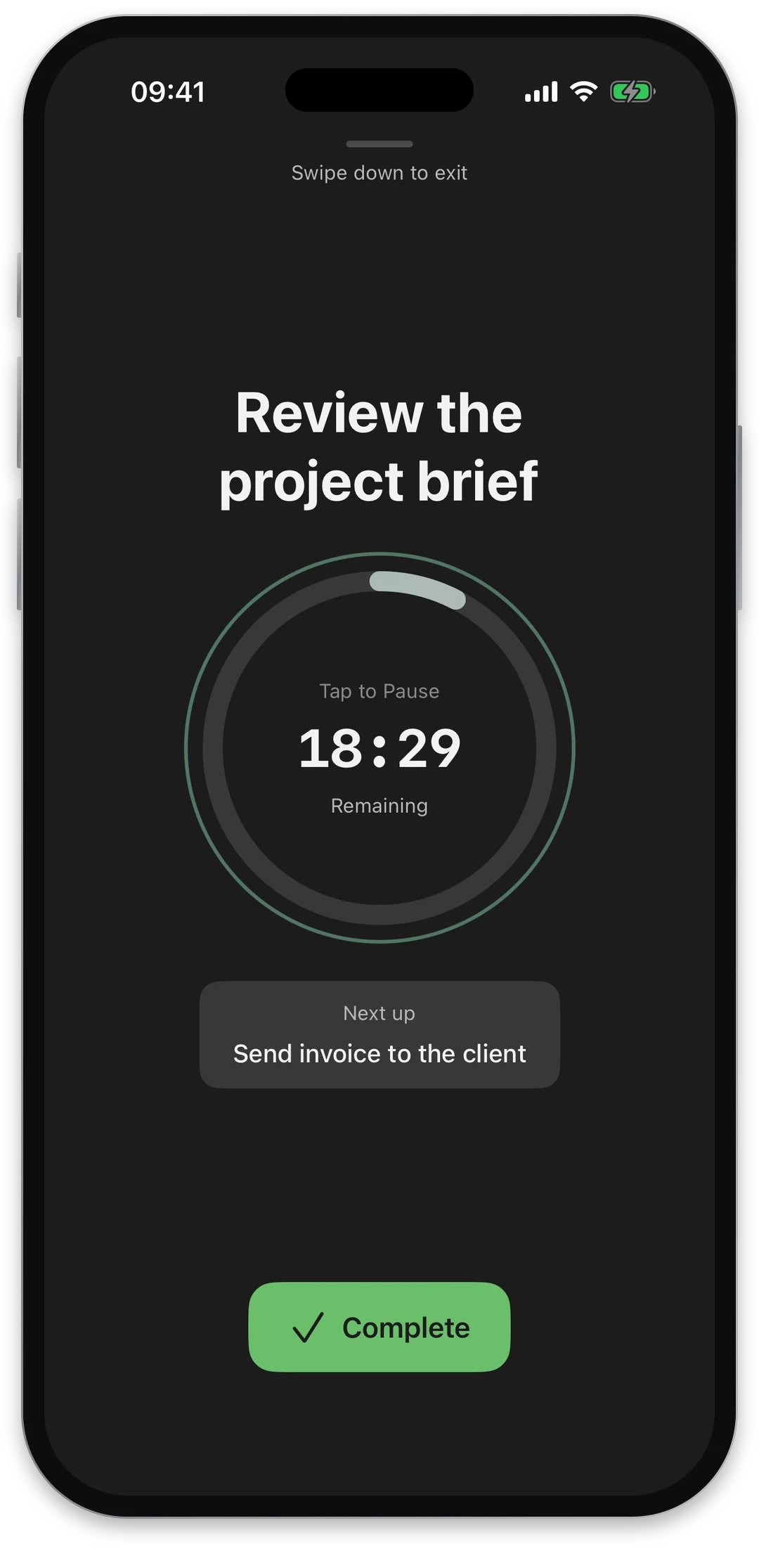 Rhevio focus mode screen showing a single task