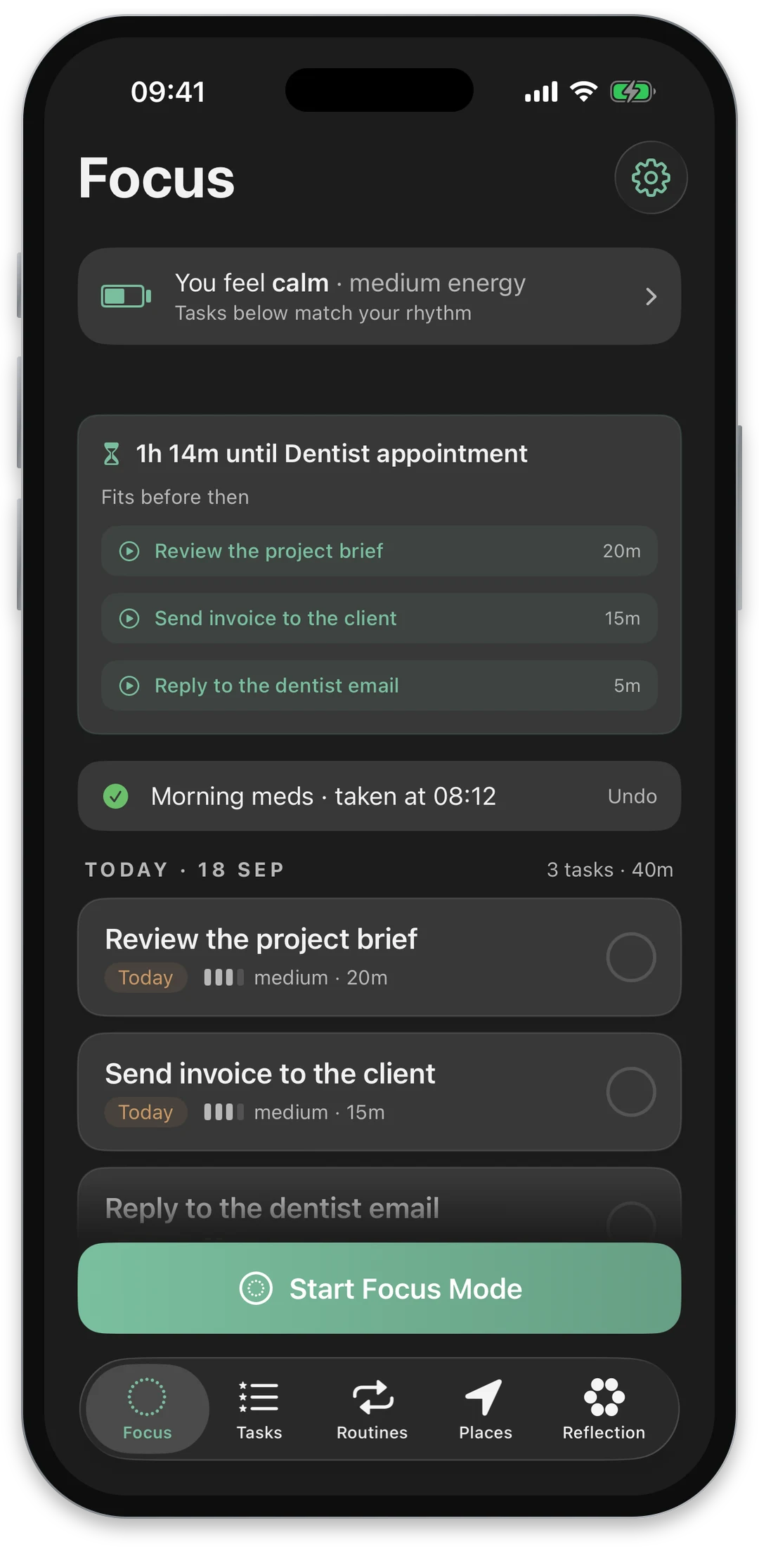 Rhevio Waiting mode showing the time until a dentist appointment and the tasks that fit before then