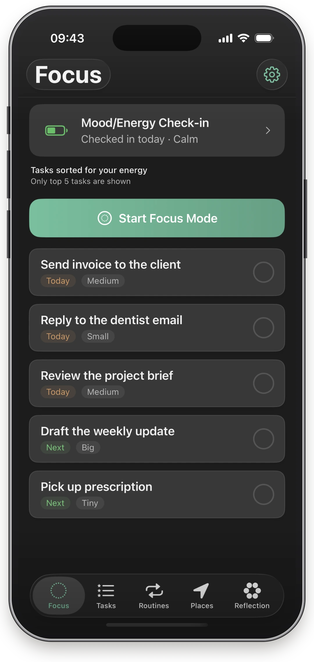 Rhevio Focus tab showing the top tasks sorted by energy