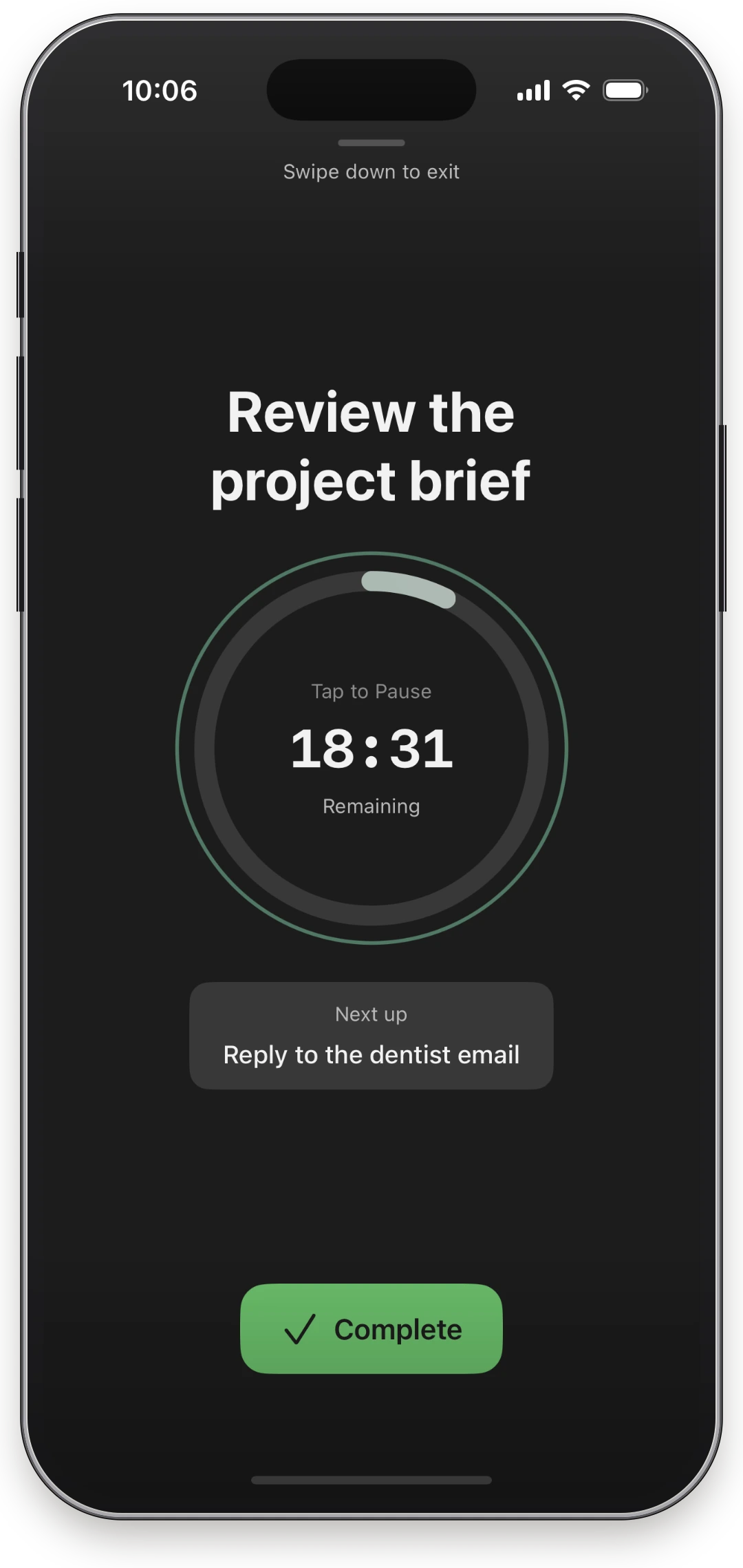 Rhevio focus mode screen showing a single task